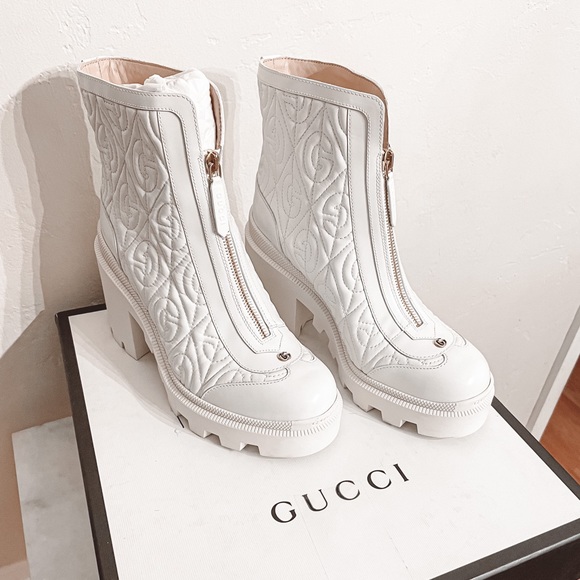 GUCCI TRIP G RHOMBUS LEATHER MID-HEEL LUG SOLE ANKLE BOOT IN WHITE 37 - Picture 1 of 15